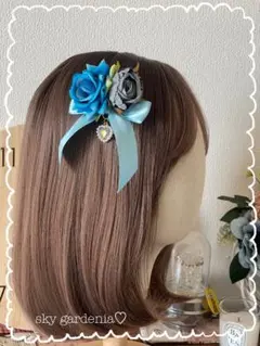 薔薇のブーケヘアドレス ハート サテンリボン青サックス ロリータ卒業式ゴスロリ♡