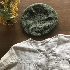 ベレー帽(手編み品)カーキ