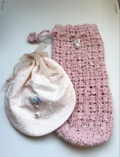 お花チャーム付きペットボトルカバー&ポーチ　ハンドメイド
