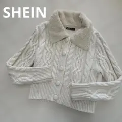 SHEIN アイボリー ファー付きニットカーディガン