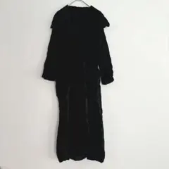 ブラック ロングワンピース ベロア Ｖネック 襟 長袖 L エレガント 冬