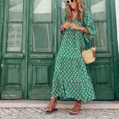 花柄ロングワンピース Vネック 体型カバー ゆったり マキシ丈 グリーン M