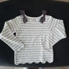 お値下げ【美品】petit main ラメストライプ 長袖カットソー リボン付き