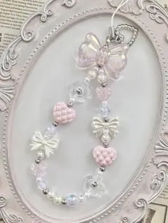 561 ピンク　リボン　ハート　ビーズ　ストラップ　キーホルダー　チャーム