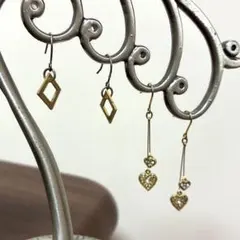 【ピアス】ゴールド系 2点セット ハート2連 真鍮 スクエア まとめ売り