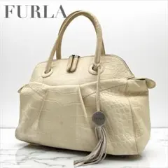 良品 肩掛け クロコダイル型押し ハンドバッグ アイボリー フルラ 37