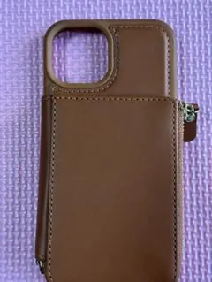 ブラウン 合成皮革 iPhone14ケース ジッパーポケット付き