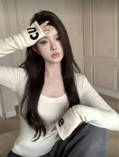 クリーム色 ロングスリーブ Tシャツ SHEIN