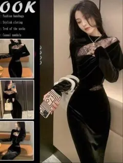 ブラックベルベットドレス　shein