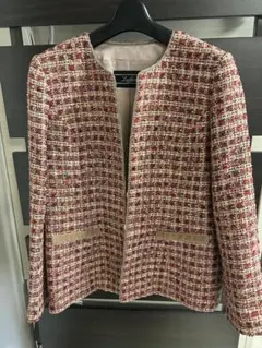 週末限定お値下げ美品レリアン　ノーカラー赤ベージュツイードジャケット11号