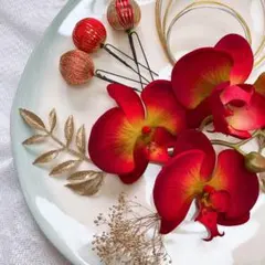 成人式 前撮り 胡蝶蘭の髪飾り 水引 ゴールド 赤