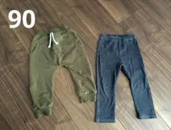 オリーブグリーンとダークグレーのパンツセット