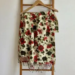 ELLE フラワープリントストール フリンジ付き　レディース　秋冬