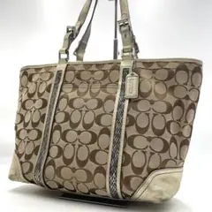【美品】コーチ　トートバッグ　シグネチャー　シルバー金具　キャンバス　茶　A4可