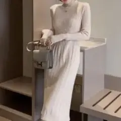 今季新作リブニットミモレ丈ハイウエスト　ロング丈ワンピース