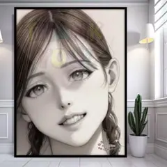 ♥美人の絵ミニマリスト「うるうるの目が美しい娘」鉛筆画ウォールアートポスターA4
