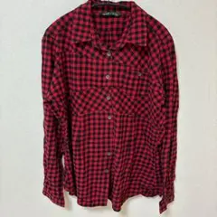 シャツ 赤 黒 チェック ネルシャツ L 襟付き コットン トップス