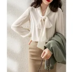 シフォンブラウス リボン ボウタイ 白　Lサイズ上品 フォーマル ブラウス