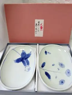 有田焼　染付山野草　絵変わり　小判型　皿　5枚