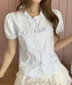 レースカラードット柄 半袖ブラウス シャツ フリル襟 ブルー 夏服のサムネイル