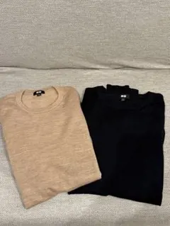 UNIQLO ユニクロ メリノクルーネックセーター　ベージュネイビー　2点セット