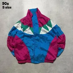 90sクレイジーカラーナイロンジャケットマルチカラー短丈ゆるだぼSサイズ