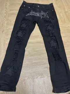 ダメージ加工 ブラックデニム パンツ 34