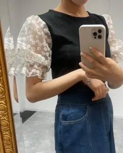 【美品】INGNI イング 袖刺繍レース リブトップス 半袖 ブラック M