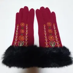 ANNA SUI 手袋 ボルドー ファー 刺繍