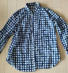 チェック柄 青と白　長袖シャツ シワ加工 　Ｍ