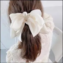 バレッタ レディース ヘアアクセサリー ホワイト パール 杏色 ビックリボン