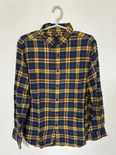 UNIQLO ネイビーイエローチェック長袖シャツ L