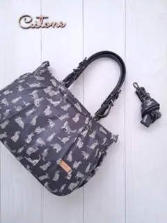 １点のみ♪　新春お買い得セット　共布ショルダー紐付　タック入通勤バッグ　ねこ柄