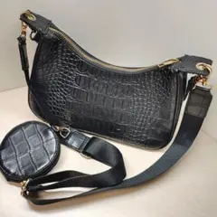 ALTROSEクロコ型押し ショルダーバッグ ミニポーチ付き ブラック
