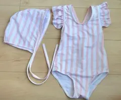 100cm前後 ベビー水着フリル付き ピンクと白のストライプ