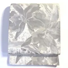 6k794 袋帯　絹　銀色　白　花柄　和装　着物