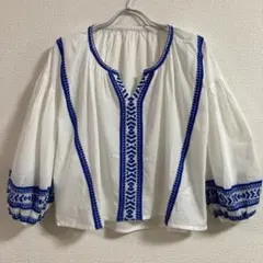 Hunch 刺繍入り ホワイト ブラウス 八分袖 ボリューム袖 レディース