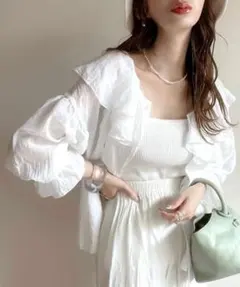 classical elf 2wayラッフルフリルビッグカラーシアー素材ブラウス