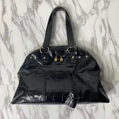 美品 サンローラン ミューズ クロコダイル型押し パテントレザー 黒 × 金