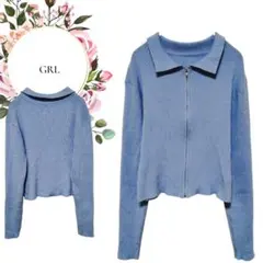 【グレイル】GRL♡襟付カーディガン♡リブショート丈ジップアップ【М】ブルー系