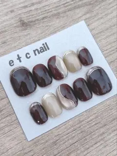 No.232 ラウンドベリーショート　ネイルチップ　ブラウン系　ゴールド　冬