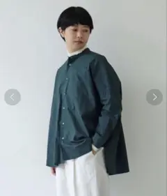 yunai ダークグリーン コットンキャッチワッシャーワイドシャツのサムネイル