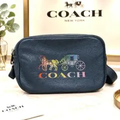 希少】COACHコーチ リュックバッグレザー 紺 ネイビー ロゴ レインボー