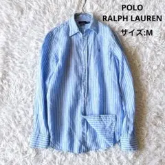 ポロラルフローレン ストライプシャツ ブルー×ホワイト 麻100％ ポニー刺繍