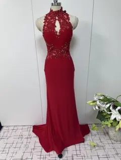 赤 ハイネック ロングドレス ビジュー付き