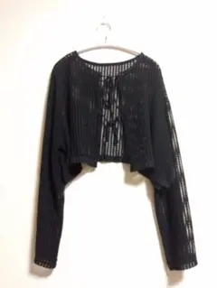 透かし編み ニット ボレロ 黒 ショート丈 リボン 前開き ゆったり　Ｌ
