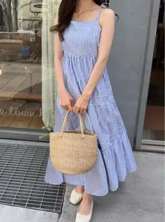GRL ストライプ柄ティアードリボンストラップキャミワンピース tw1087
