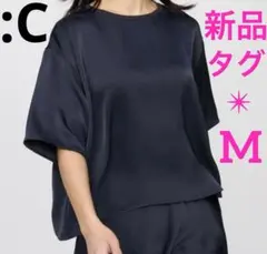 新品タグ付【ユニクロ:C✴︎サテンオーバーサイズショートブラウス】Mネイビー