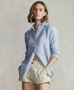 【極美品】ポロラルフローレン定番スカイブルーストライプリネンシャツオーバーサイズ