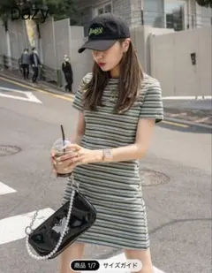 SHEIN Dazy ストライプ 半袖ミニワンピース グリーン系 美品 中古品